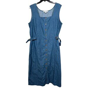Vintage August Max Woman Denim Midi Dress 16W Blue Button Sleeveless Modest
